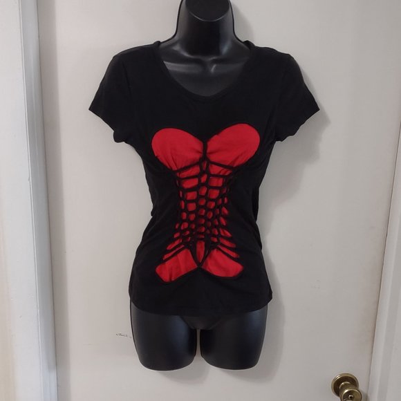 Folter Hot Topic Brand Upcycled Reworked Woven Red Black T-shirt - Picture 1 of 7